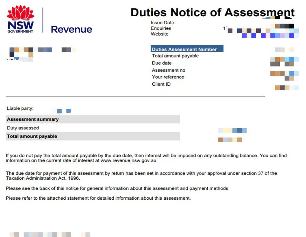 Duties notice of assessment