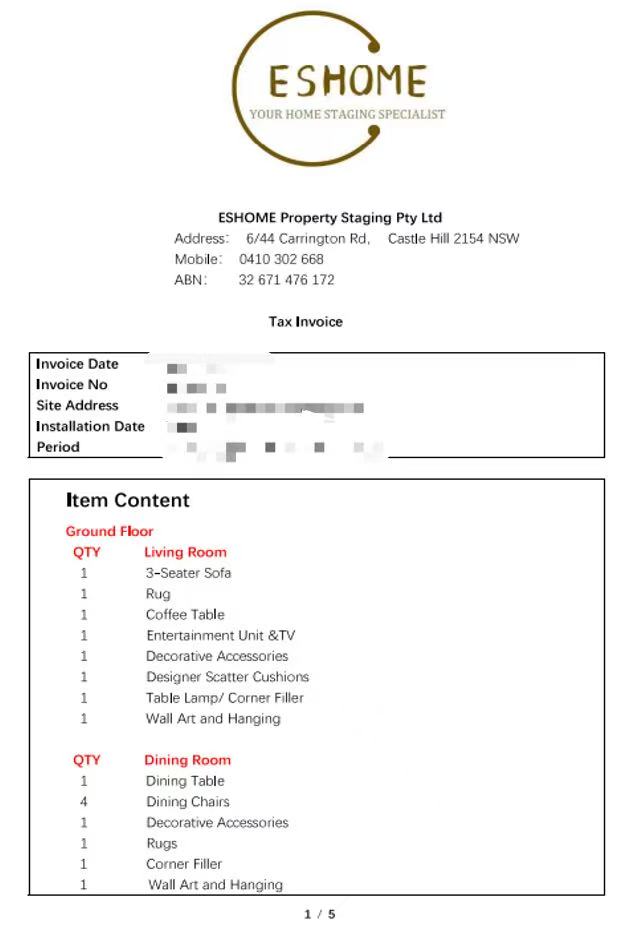 Property styling or marketing invoice