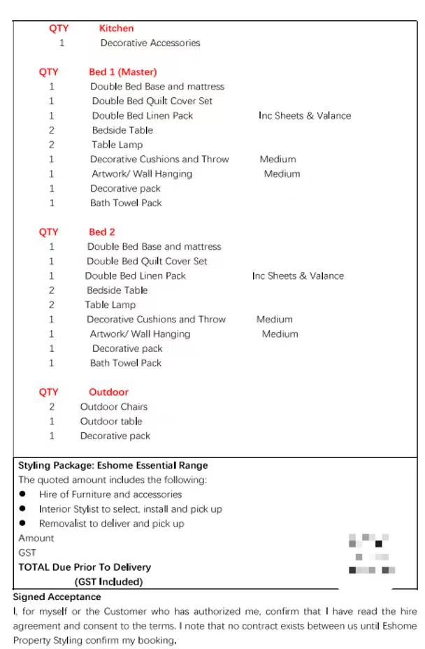 Property styling package invoice