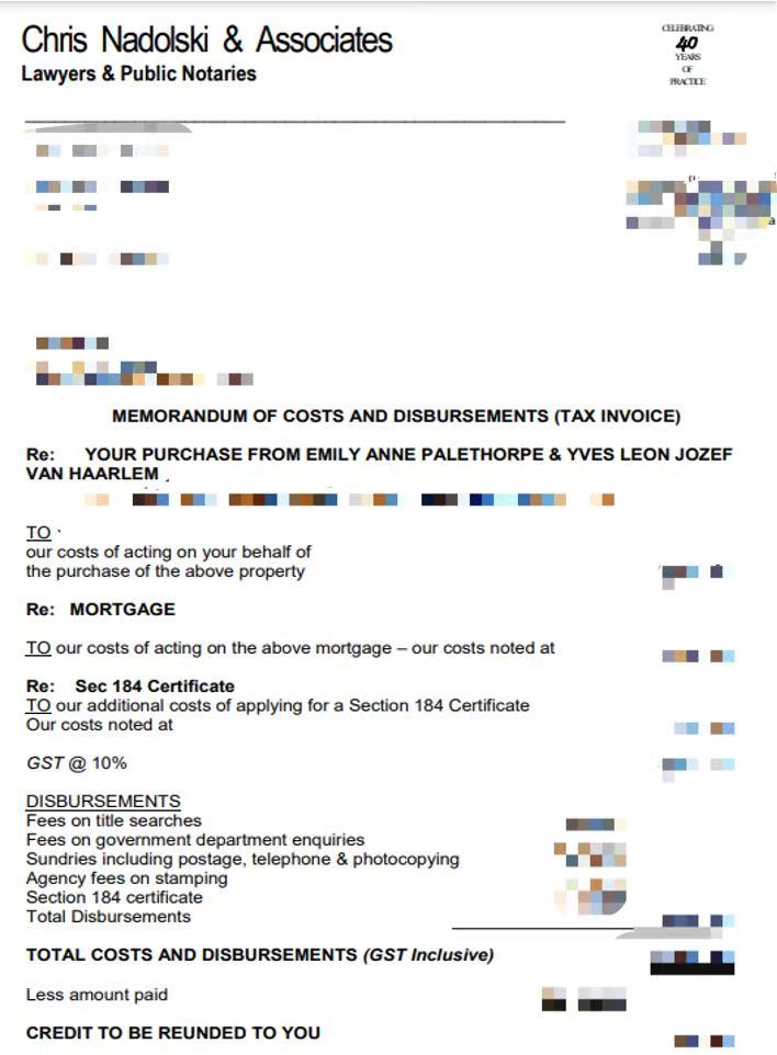 Memorandum of costs and disbursements tax invoice