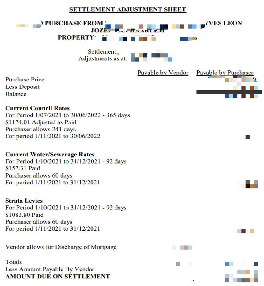Settlement adjustment sheet